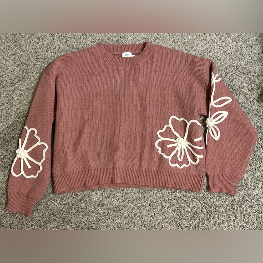 Luna Ivy Women’s Rose-Mauve Floral Crewneck Sweater Anthropologie Size Large